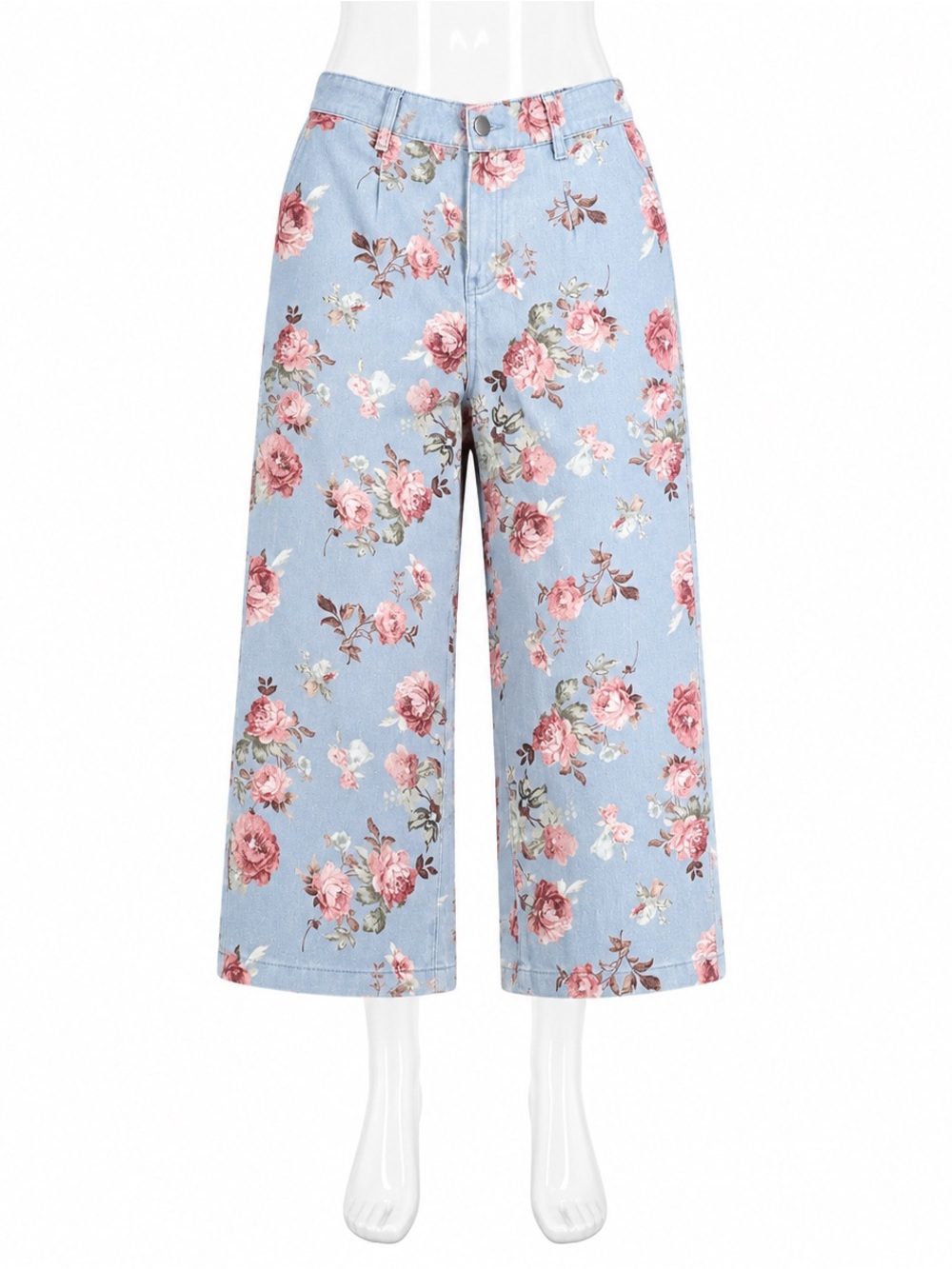 Floral Wide-Leg Crop Pants in Light Blue Denim with Pink Roses